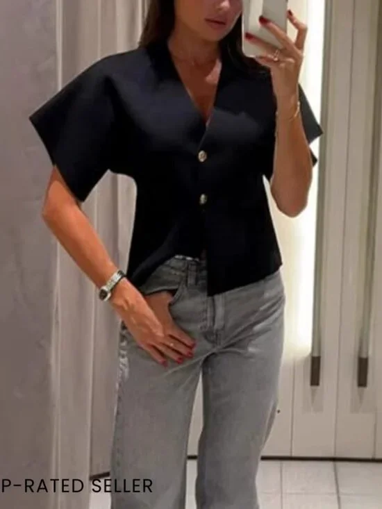 Oversized V-Neck Cardigan Lightweight Knit Casual Button Down Short Sleeve - Picture 2 of 7